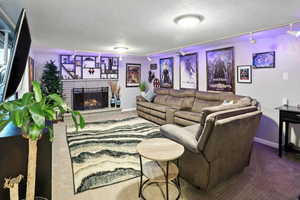 Living room featuring a textured ceiling, carpet flooring, rail lighting, and a fireplace