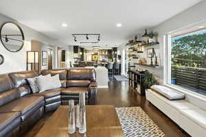 Living area featuring dark wood-style floors, recessed lighting, track lighting, and healthy amount of natural light