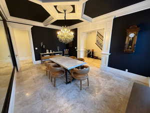 Dining room featuring a chandelier, crown molding, stairs, coffered ceiling, and beamed ceiling