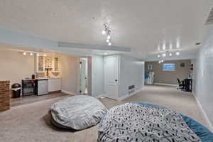 Bedroom with rail lighting, wet bar, light colored carpet, and a textured ceiling