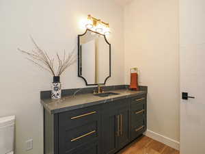 Half bath featuring vanity and wood finished floors