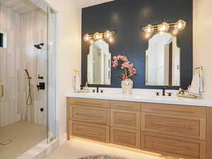 Bathroom featuring a stall shower and double vanity