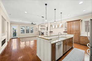 Kitchen with great room in the back ground