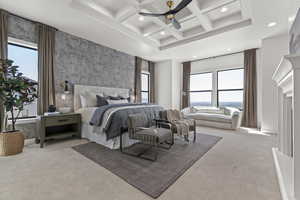 Carpeted bedroom with multiple windows, coffered ceiling, beamed ceiling, recessed lighting, and ceiling fan