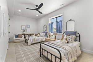 Bedroom featuring carpet, recessed lighting, and a ceiling fan