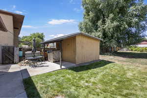 View of yard with a patio and an outbuilding