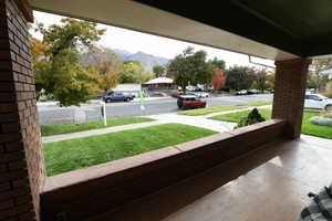 View of patio featuring a mountain view