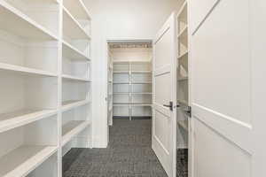 Walk in closet with dark carpet