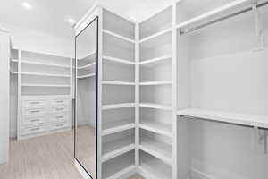 Spacious closet featuring light colored carpet