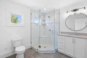 Full bathroom with vanity, tile patterned floors, and a stall shower
