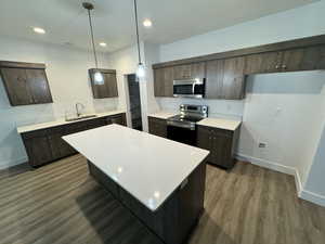 Kitchen with stainless steel appliances, dark brown cabinets, light countertops, a center island, and wood finished floors