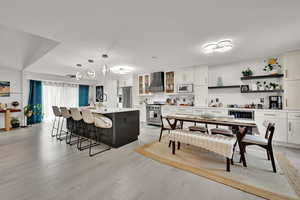 Kitchen featuring stainless steel appliances, a breakfast bar, custom exhaust hood, white cabinetry, and light countertops