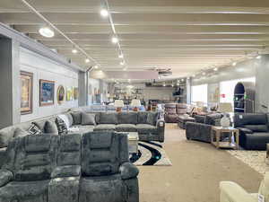 Carpeted living room featuring track lighting