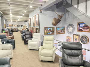 Community lobby with beamed ceiling