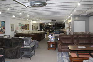 Living area featuring rail lighting and carpet