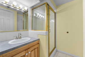 Bathroom featuring a stall shower, vanity, tile patterned floors, and decorative backsplash
