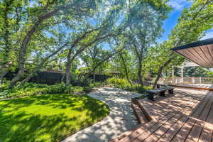 Fenced backyard featuring a deck