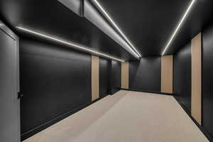 Home theater featuring carpet flooring