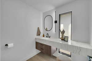 Bathroom with wood finished floors and vanity