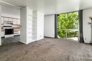Unfurnished living room with dark carpet