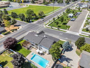 Aerial view of residential area with a pool area