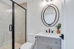 Bathroom with vanity and a stall shower