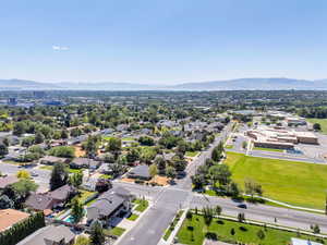 Aerial perspective of suburban area with mountains