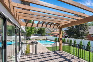 Fenced backyard featuring a pergola and a patio area