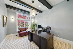 Office area with a chandelier, beamed ceiling, recessed lighting, and light colored carpet