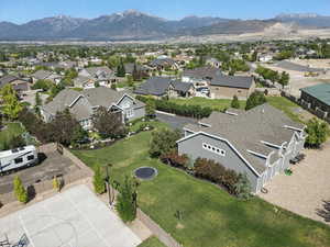 Aerial view of residential area featuring mountains