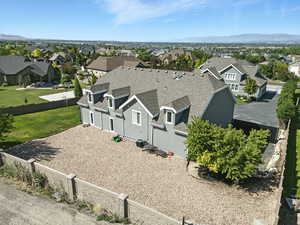 Aerial view of residential area with mountains