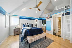 Bedroom featuring light wood-style floors, ceiling fan, recessed lighting, high vaulted ceiling, and a spacious closet