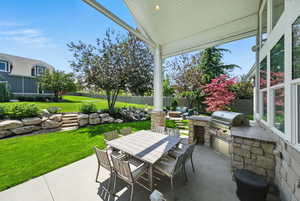 Fenced backyard featuring area for grilling, a patio area, and outdoor dining space