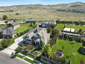 Aerial view of residential area with a mountainous background