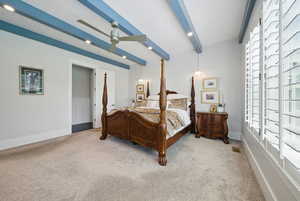 Bedroom featuring beam ceiling, carpet, recessed lighting, and ceiling fan
