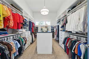 Walk in closet with light colored carpet