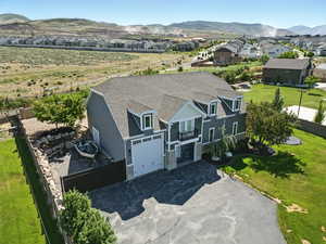 Aerial view of residential area with mountains