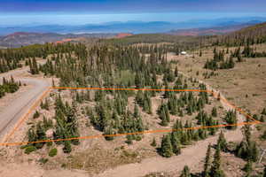 Aerial view of property's location with mountains and property parcel outlined