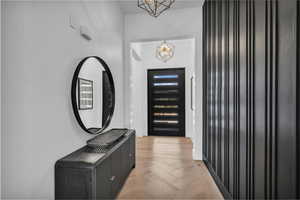 Entryway with a chandelier