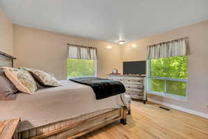 Bedroom with multiple windows and wood finished floors