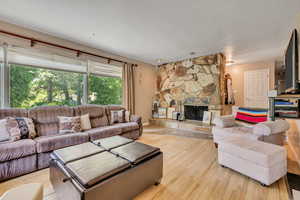 Living room featuring wood finished floors and a fireplace