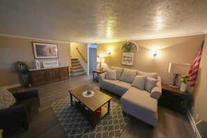 Living area featuring wood finished floors, crown molding, a textured ceiling, and stairway