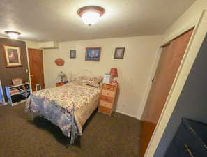 Bedroom featuring a textured ceiling and carpet flooring