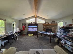 Living room with carpet floors, a textured ceiling, a fireplace, and a desk