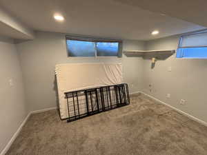 Basement featuring carpet flooring and recessed lighting