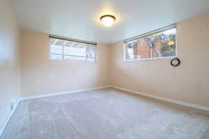 Carpeted spare room featuring a textured wall