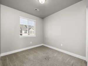 Unfurnished room featuring carpet and a textured ceiling