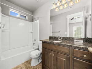 Bathroom with vanity, shower / bath combination, and a ceiling fan