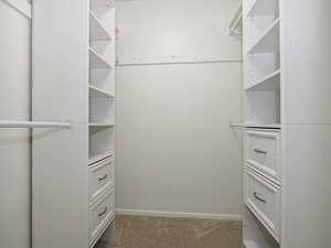 Spacious closet featuring carpet flooring