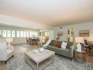 Living room featuring wood finished floors and ornamental molding